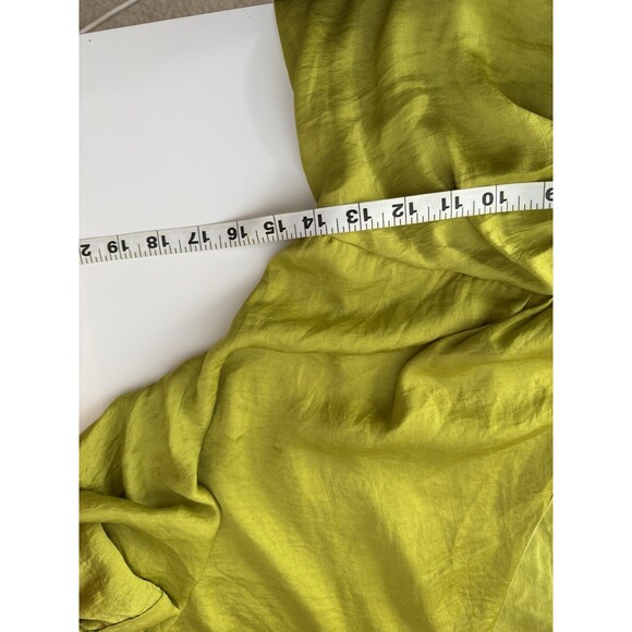 Aakaa Chartreuse Satin Draped Midi Dress Sz M Green V-Neck Ruched Cocktail Chic - Picture 8 of 13